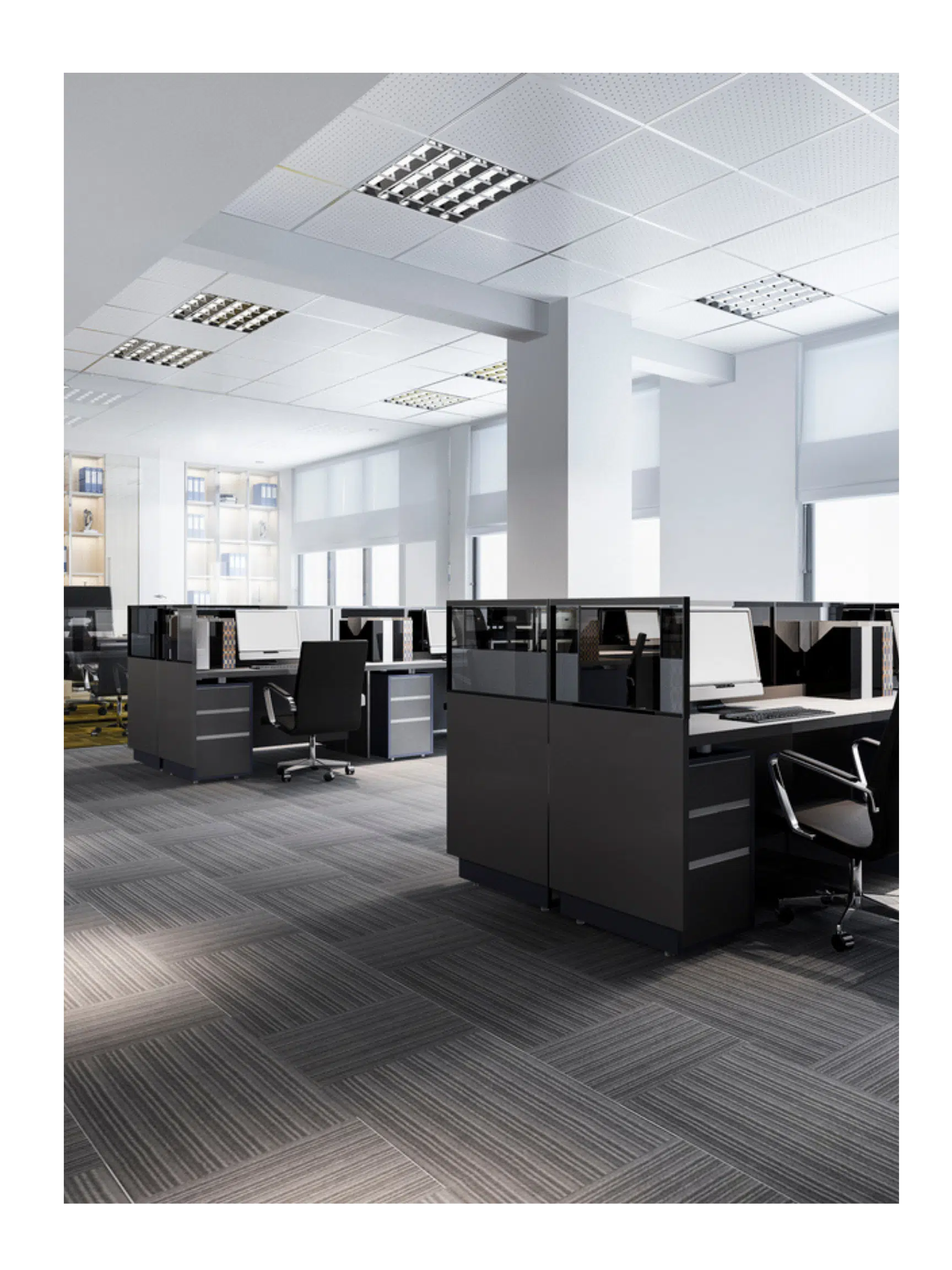 a picture of cubicles in a bank office setting